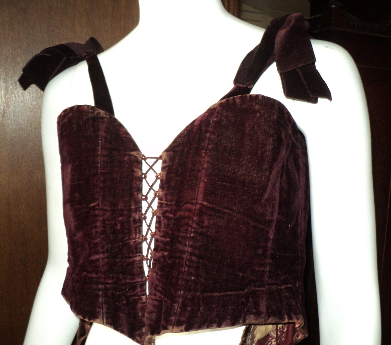 Victorian Antique Silk Velvet Corset Bustier Original Lace Up tie Brocade trim Steampunk Rare 1800s