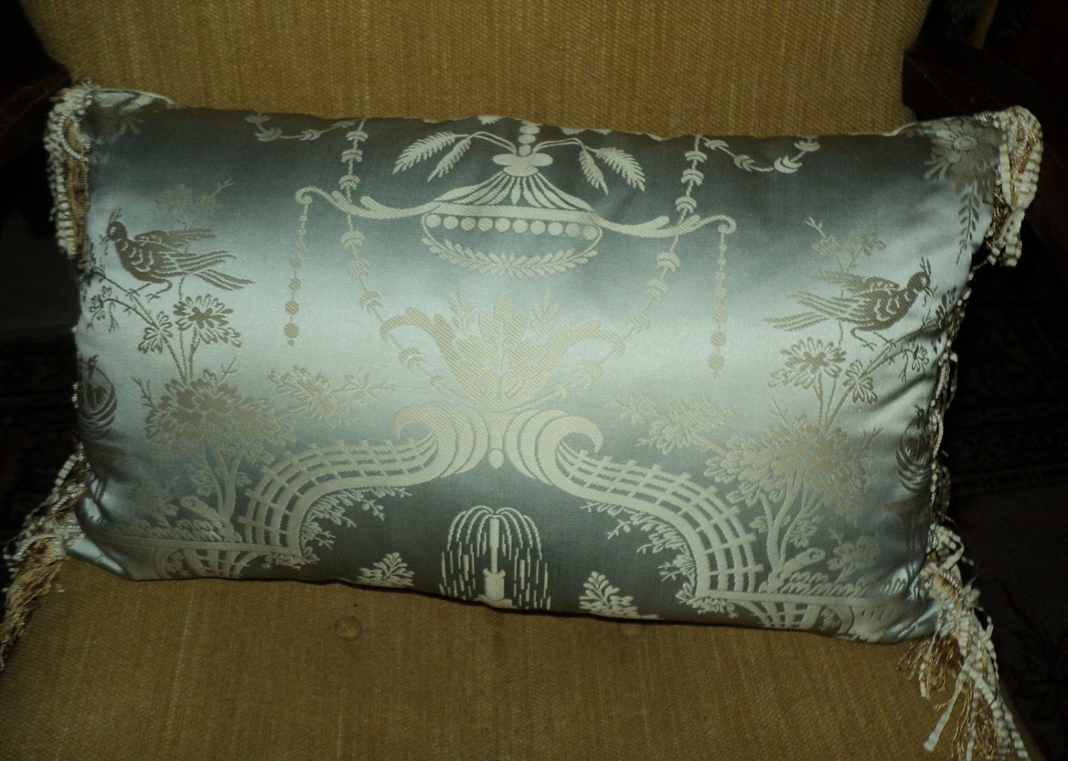 Antique Chinoisserie French 19th C Silk Pillow with antique French ecru Fringe Marie Antionette