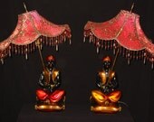 Pair of Vintage Blackamoor Continental Art Co. Original with Custom metallic handbeaded lampshades