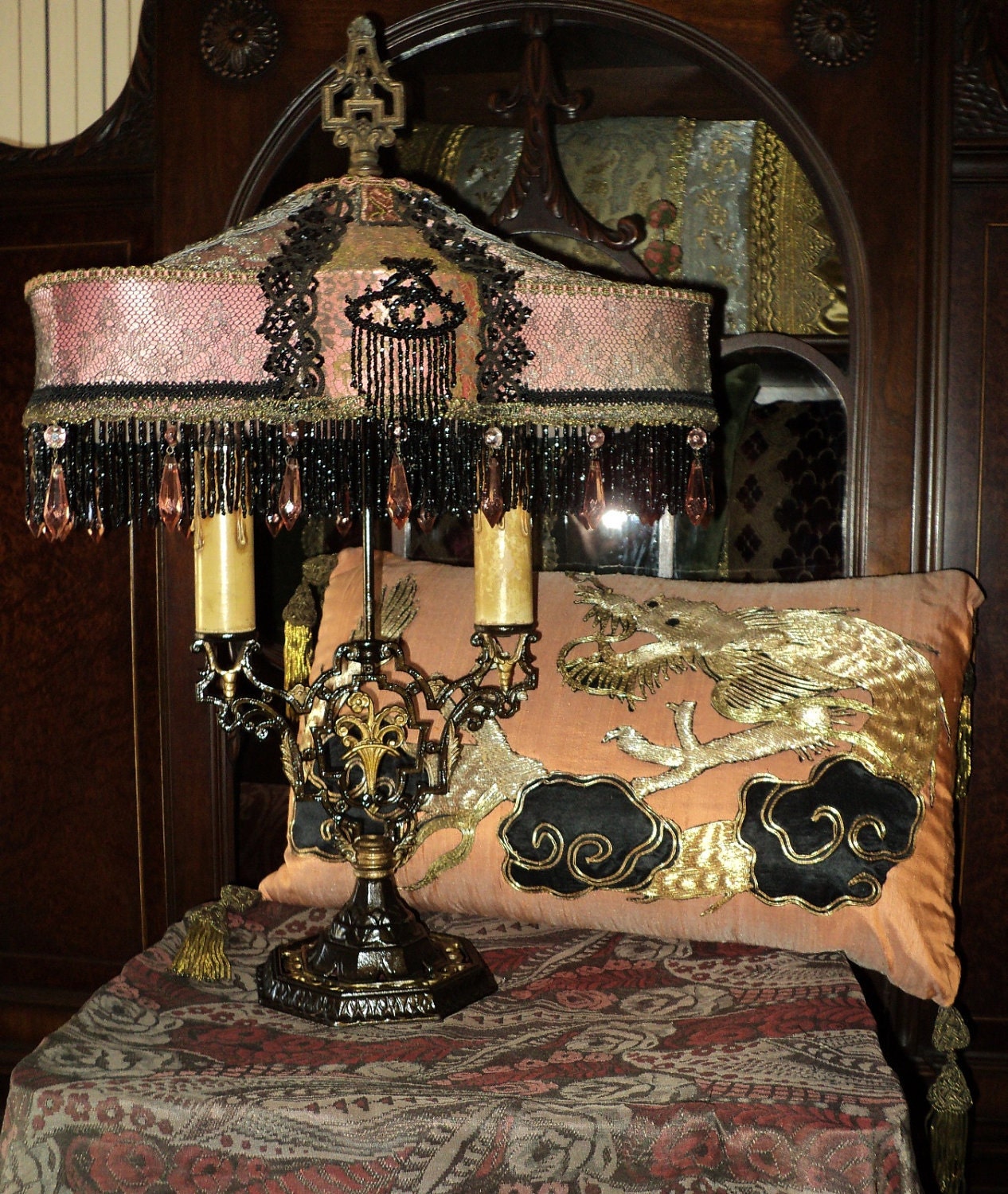 Handmade Antique Beaded Lampshade 1920s metallic lace, Victorian, Gothic Candleabra Lamp