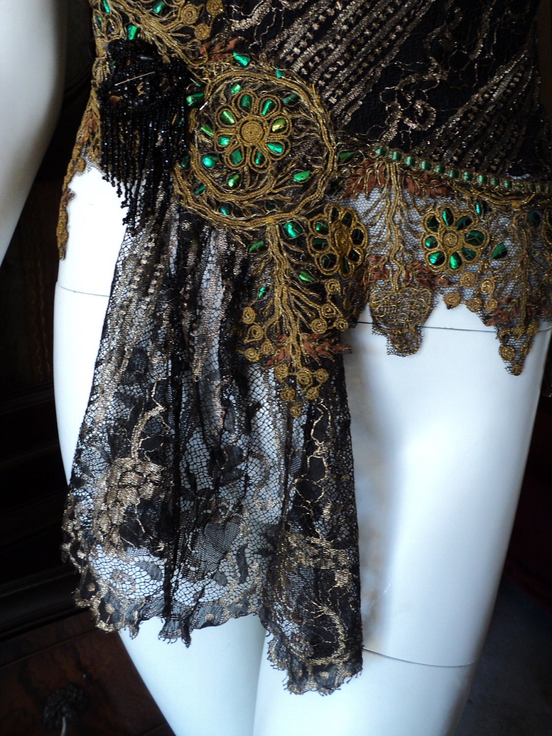 Victorian Art Deco Jewel Beetle Wing Metallic Lace Peacock Bustier Corset Bellasoire Original Design "Absinthe"
