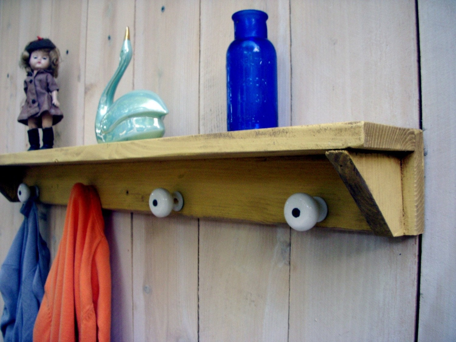 Wood Shelf - Shabby Shelves - Cottage Chic - Wall Shelf - French Country, Distressed Handmade 4 Vintage Knobs