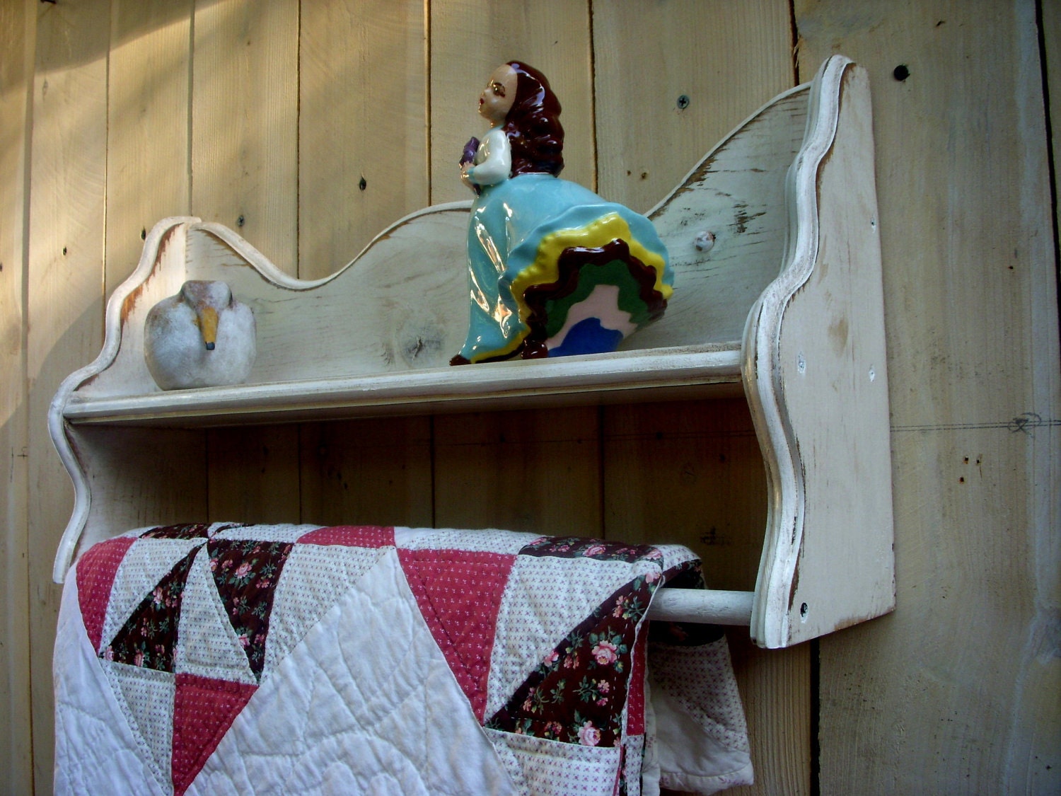 Wooden Quilt - Bath Towel Rod - Shelf - Handmade Shabby Cottage, paris apartment, french country
