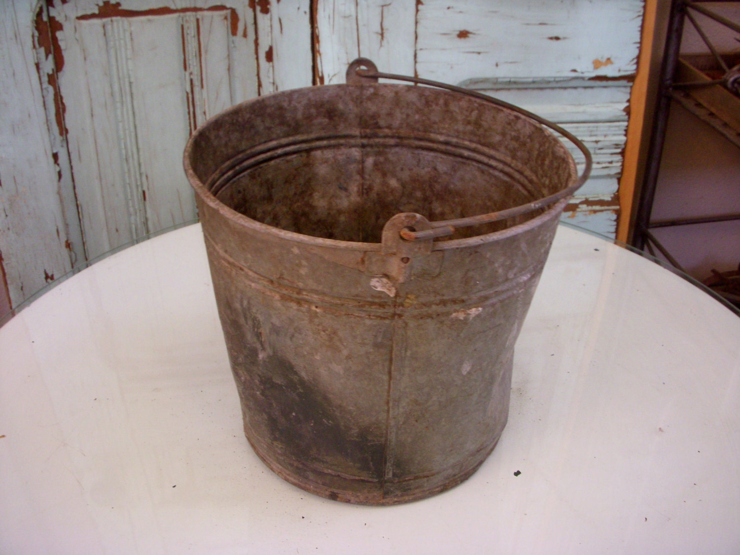 Old Antique Bucket, Shabby, vintage metal antique rustic, farm flowers, planter, pail