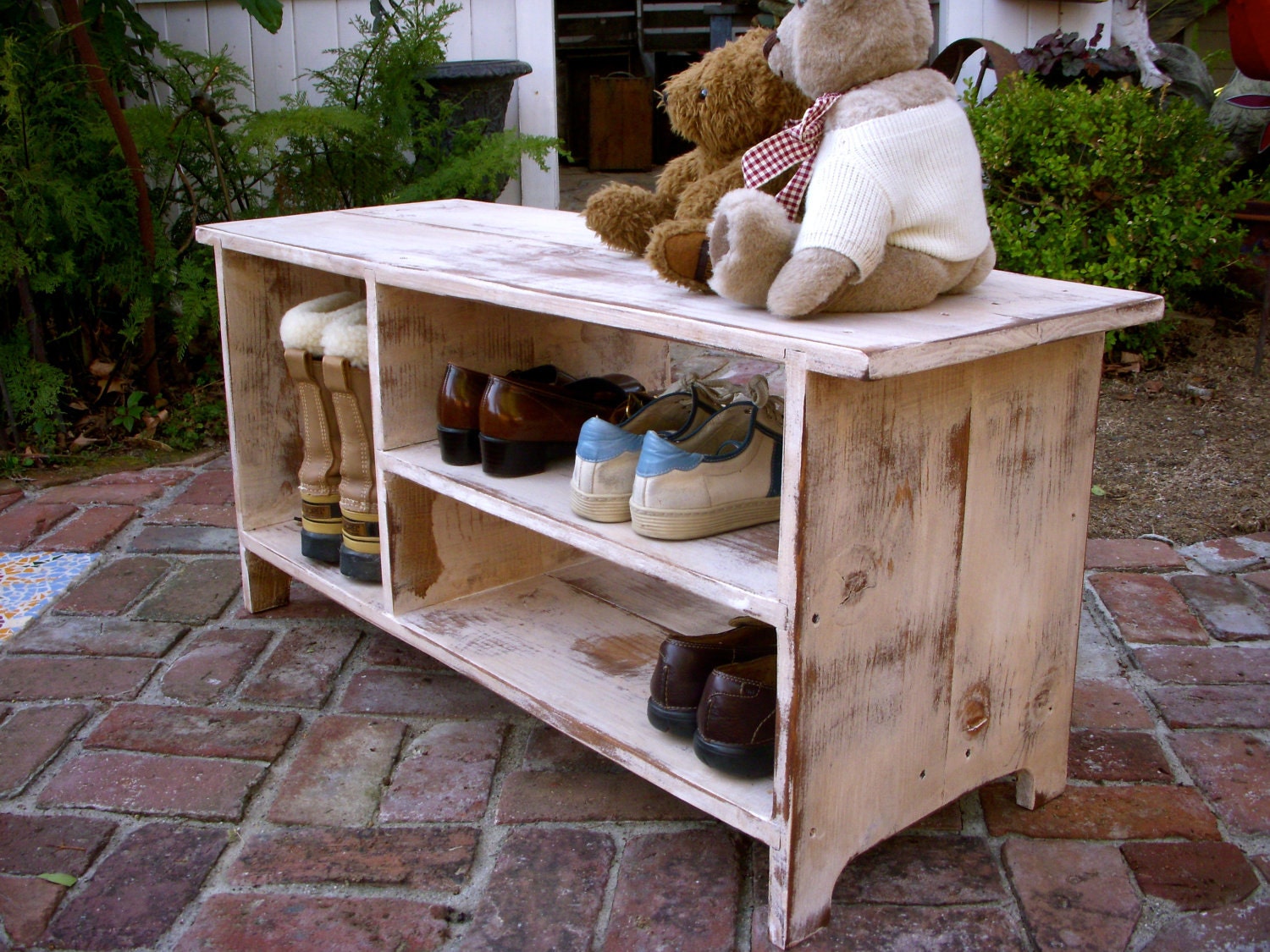 Wood Shoe Shelf Storage Bench - Wooden Furniture - Entryway - Hall - Bookcase