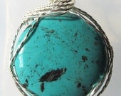 Genuine  Round Turquoise Stone Wrapped with Sterling Silver Pendant  On Sterling Chain