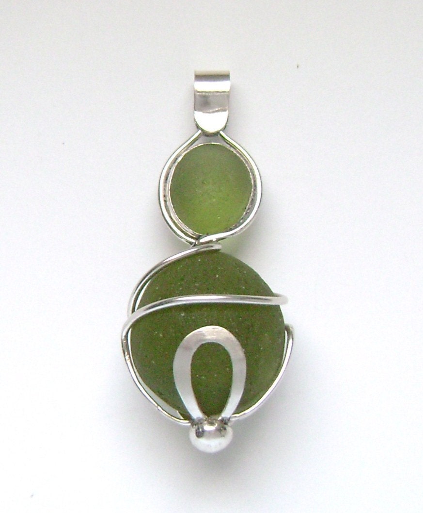 Sea Glass Jewelry - Sterling Double Green Sea Glass Pendant