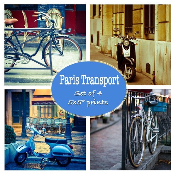 OVERSTOCK SALE - Paris Photograph Gift Set, Transportation, Vespa Art, Bicycle photo - Set of FOUR 5x5 Photographs