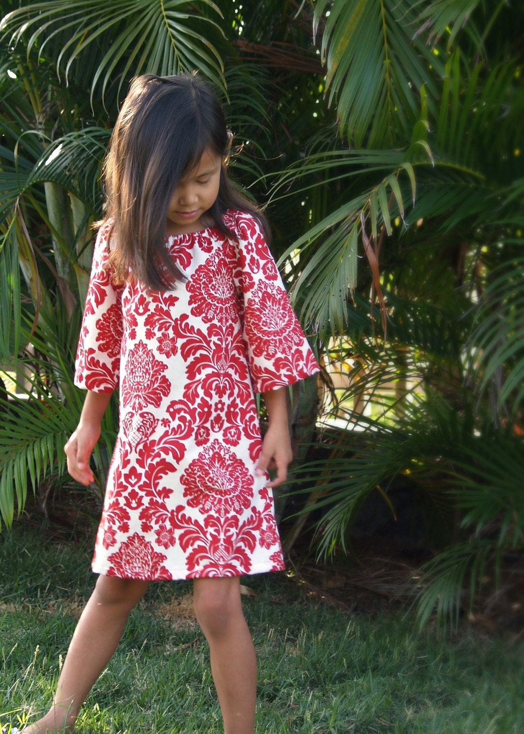 Girls Red White Damask Dress Tunic Peppermint Handmade 6mos to 12