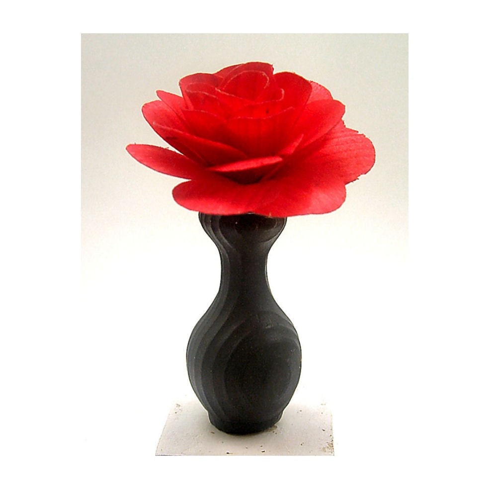 Tiny Black textured Wood vase with Wood Rose