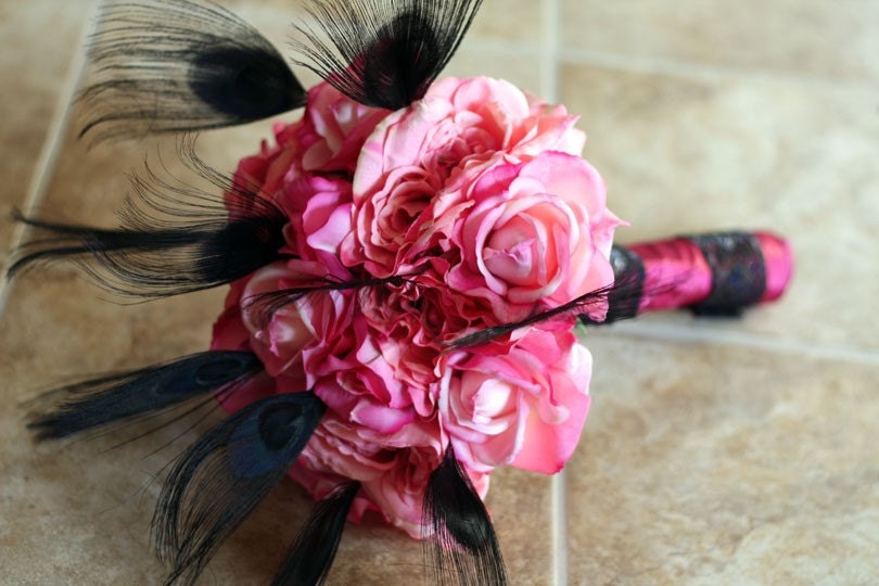 Black Peacock Wedding Bouquet - Hot Pink and Black