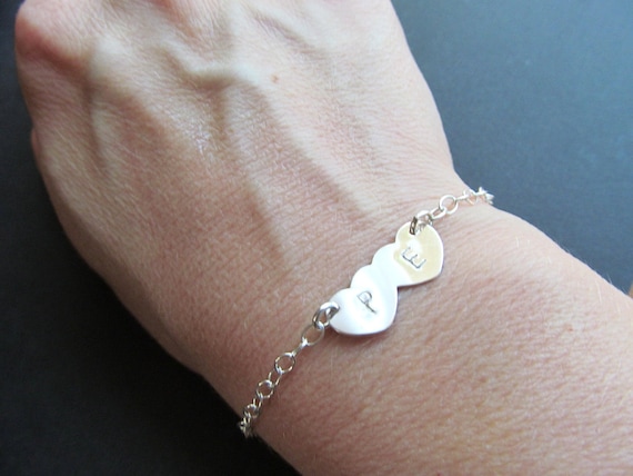 Personalized Initial STERLING Silver Bracelet, Two Hearts, Heart Bracelet, Anniversary Gifts, Engagement Gifts, Bridal Shower Gifts