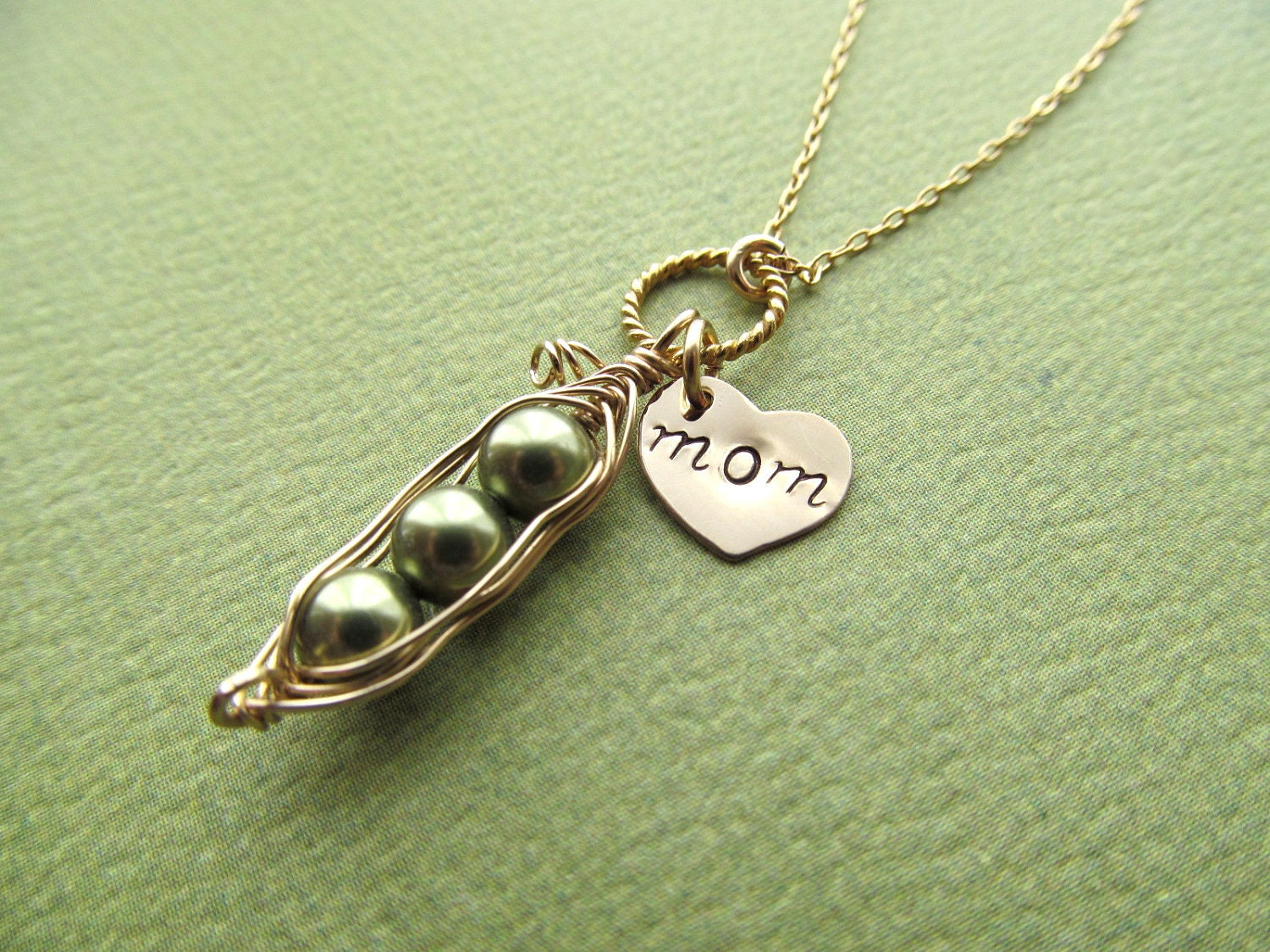 Peas in a Pod Necklace - Hand Stamped HEART MOM - Mothers Kids Grandkids Mom Birthday Gift