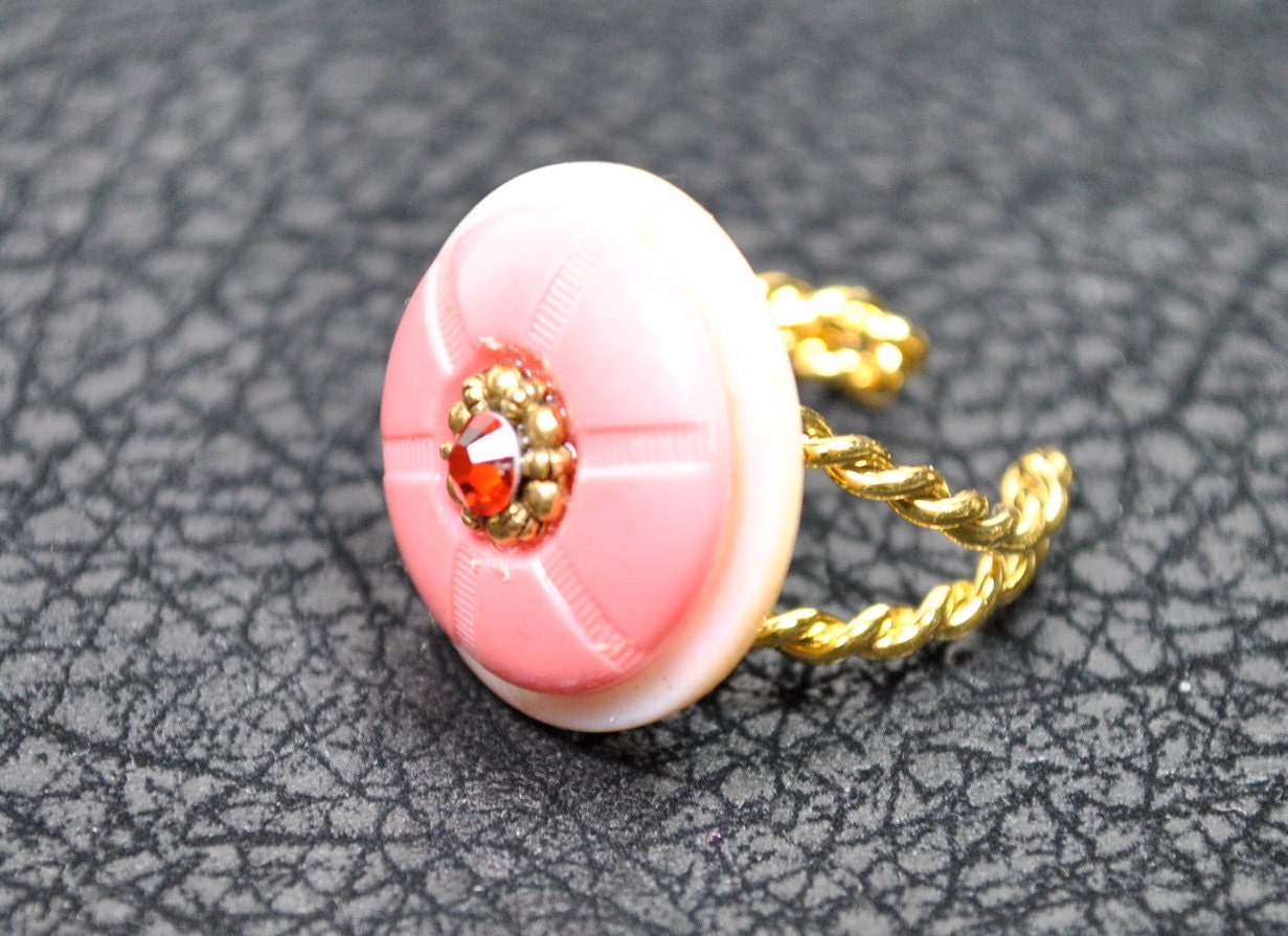 Big pink ring pearl crystal hand made from vintage buttons 24K gold plate ring base