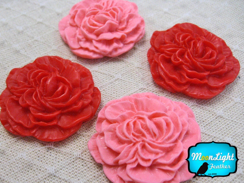 Big Resin Flower, 4 Pieces - IN LOVE CARNATION Flowers Cabochon Resin Set 33mm : 1027