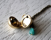 Vintage Brass Ball Locket Necklace with Teal Bead