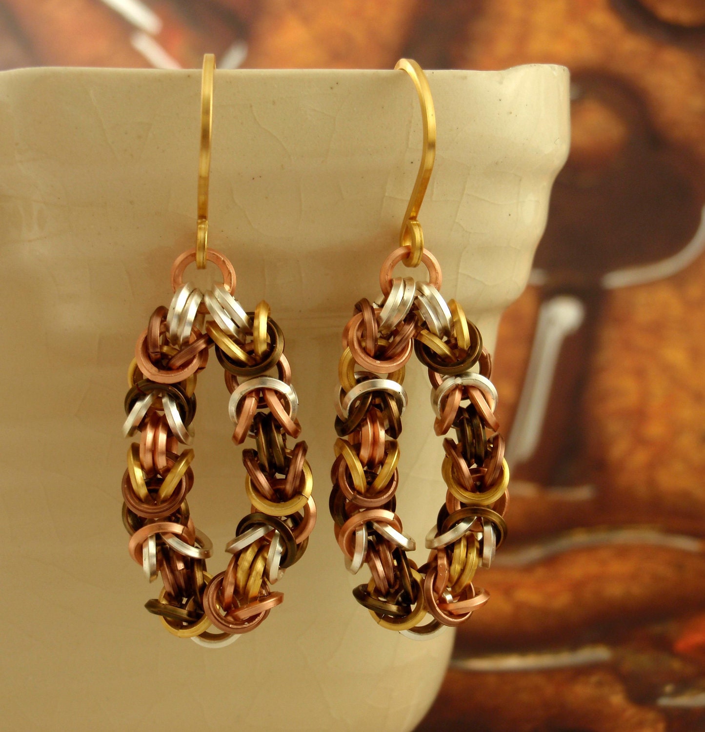 Earring Kit - Square Mixed Metals Petite Byzantine Chainmaille - Unique Non Tarnish On Edge Rings