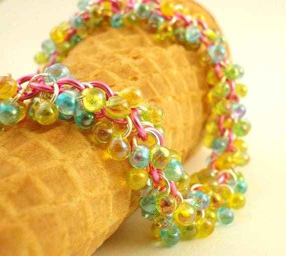 Spring SALE - Shaggy EYE CANDY Beaded Bracelet Kit - Pink, Blue and Yellow - Colorful Easter Chainmaille - Beginners or More Advanced