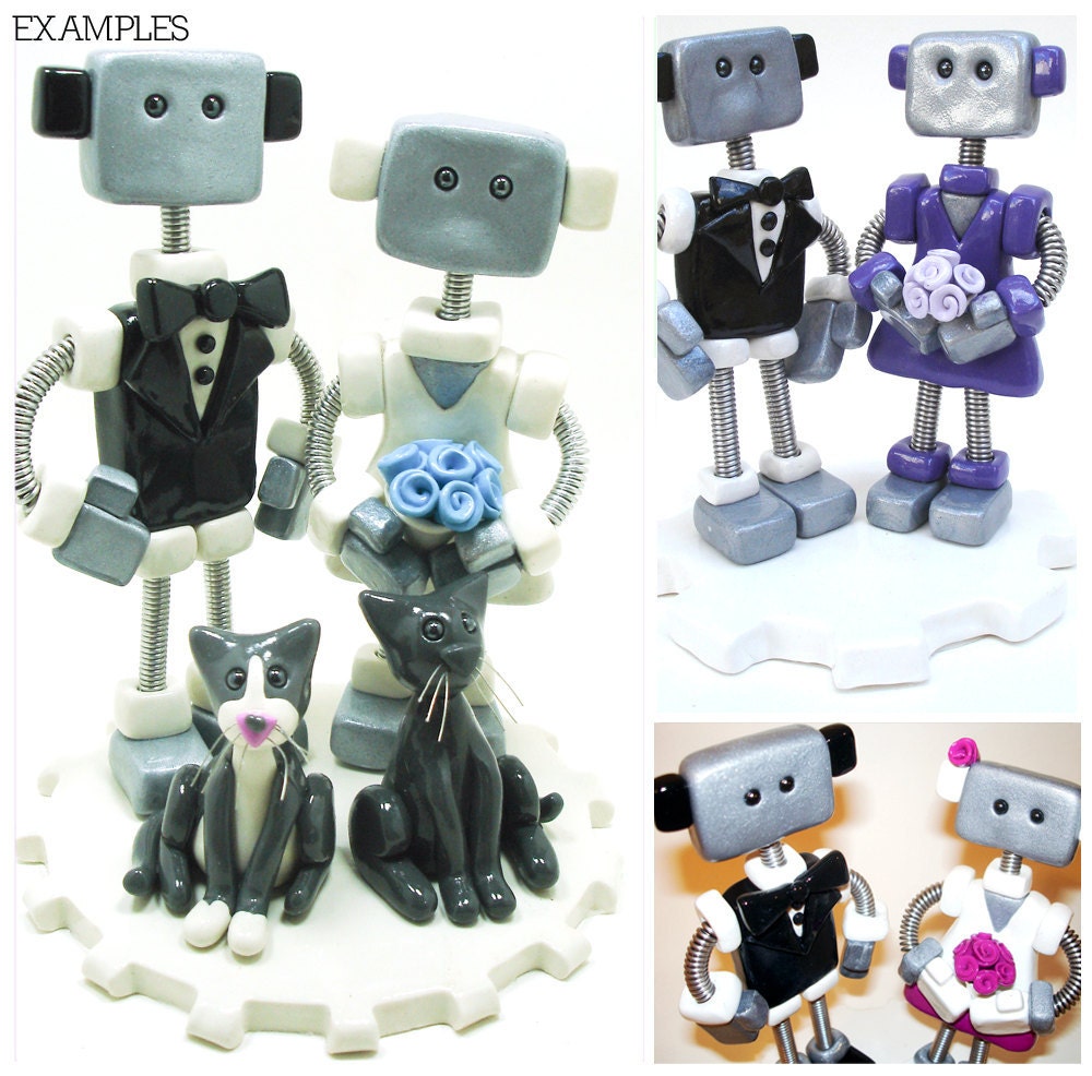 Custom Robot Wedding Cake Topper  MADE TO ORDER Robot and Bride Groom - Clay and Wire