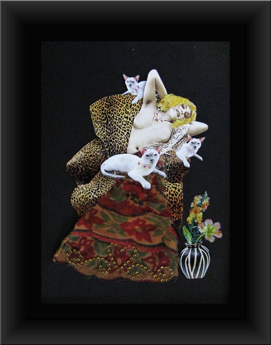 mature white cat collage mixed media home decor vintage shabby chic naked woman lesbian art - PetCollage