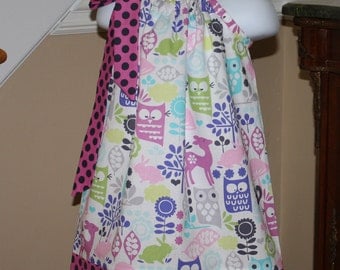 girls toddler Pillowcase dress michael miller forrest friend orchid purple pink orange baby girls dress owls deer squirrel