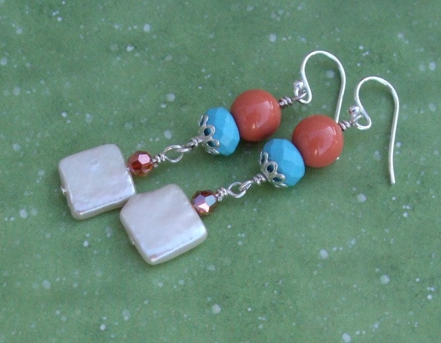 Colors of Summer Sterling Silver, Pearls and Turquoise Earrings
