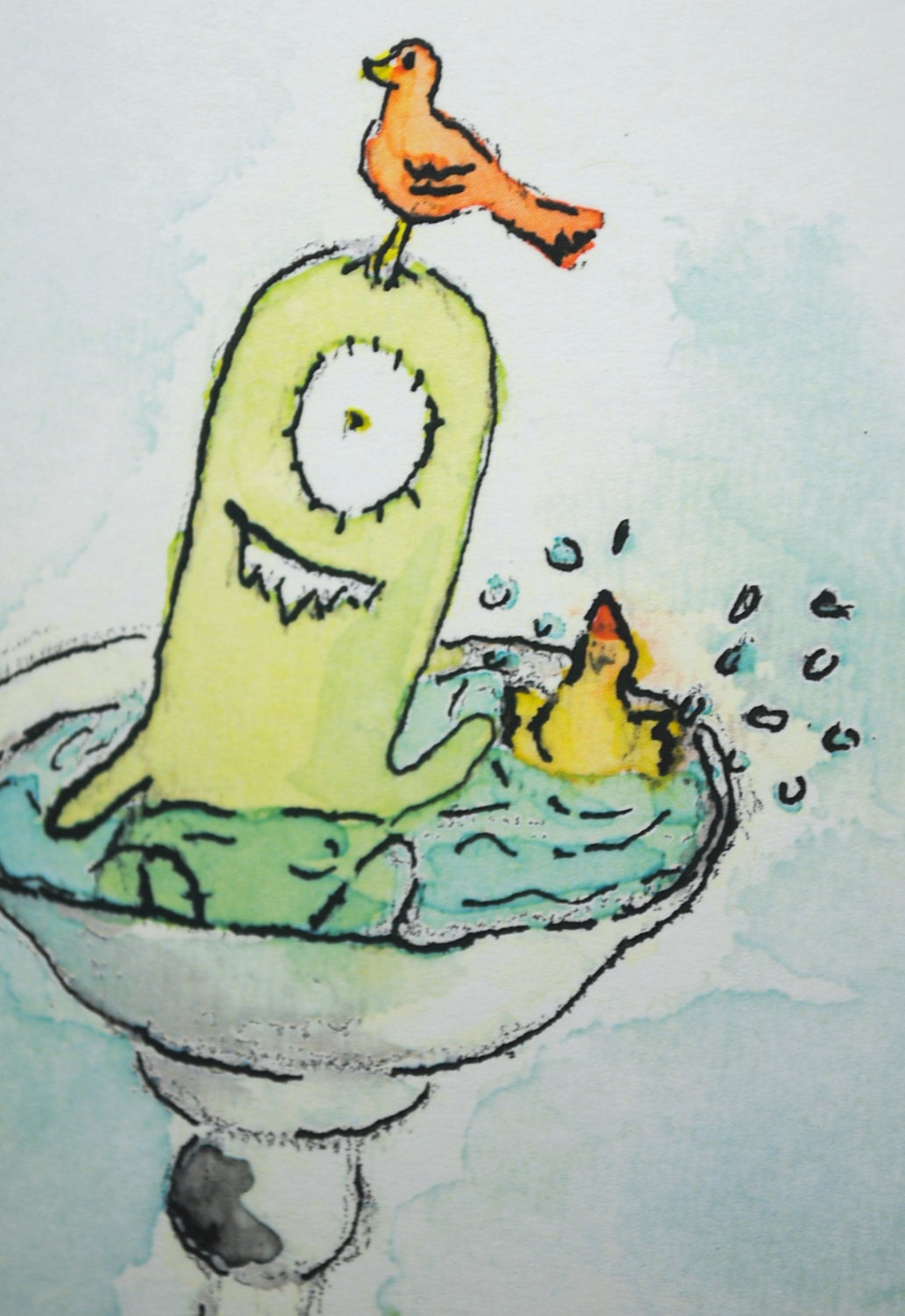 Cute Monster Art, Children Decor, Children Art, 5x7, Watercolor, Monster in a Bird Bath