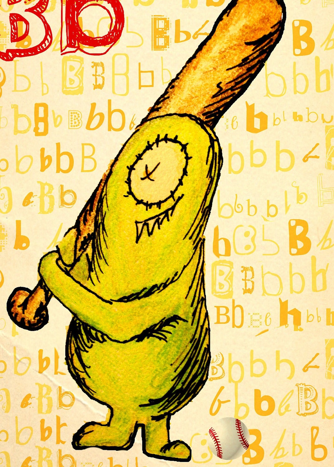 ABC Print, Children Decor, Cute Monster art, 5x7, B is for Baseball