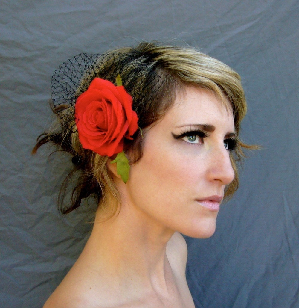 Red Rose Hair Fascinator with Black Russian Veil