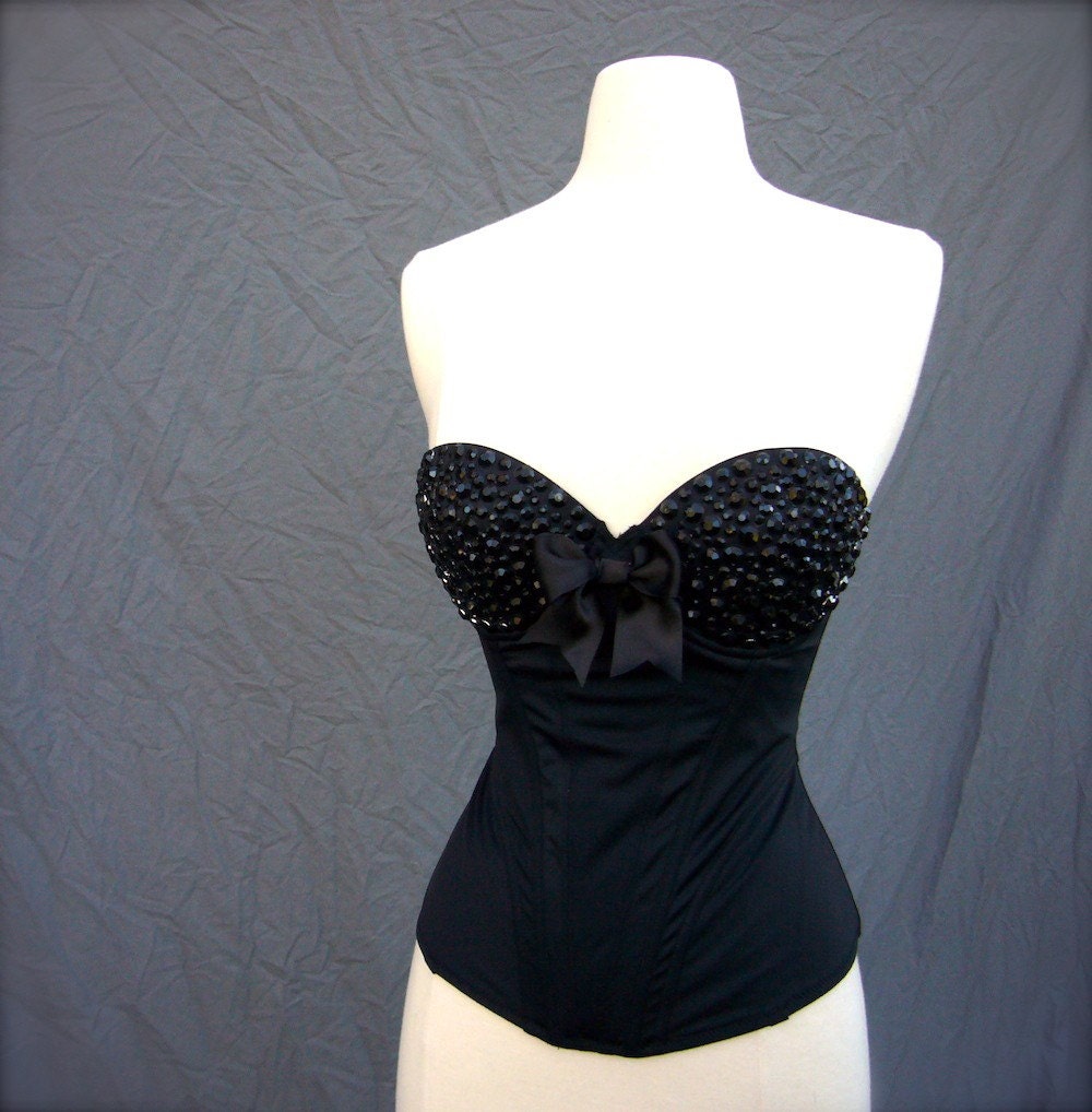 Black on Black Rhinestone Bustier Custom Size Corset Length MADE TO ORDER
