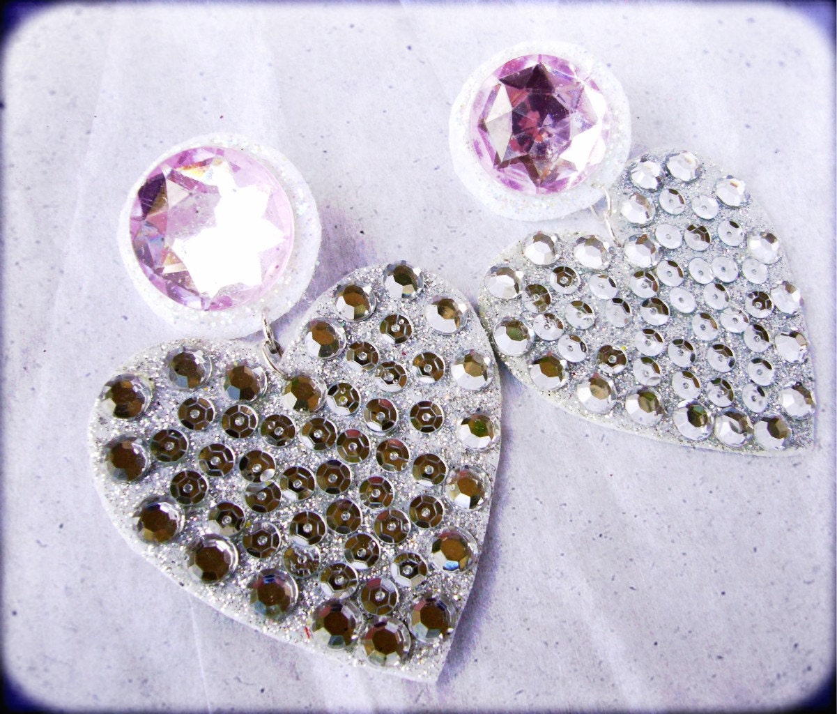 Sweet Dreams SIlver and Pink Heart Eco Felt Earrings with Sequins and Rhinestones