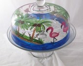 Hand Painted Cake Dome with Flamingos  NEW ITEM