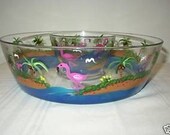 Hand Painted Glass Chip and Dip Bowl with Flamingos