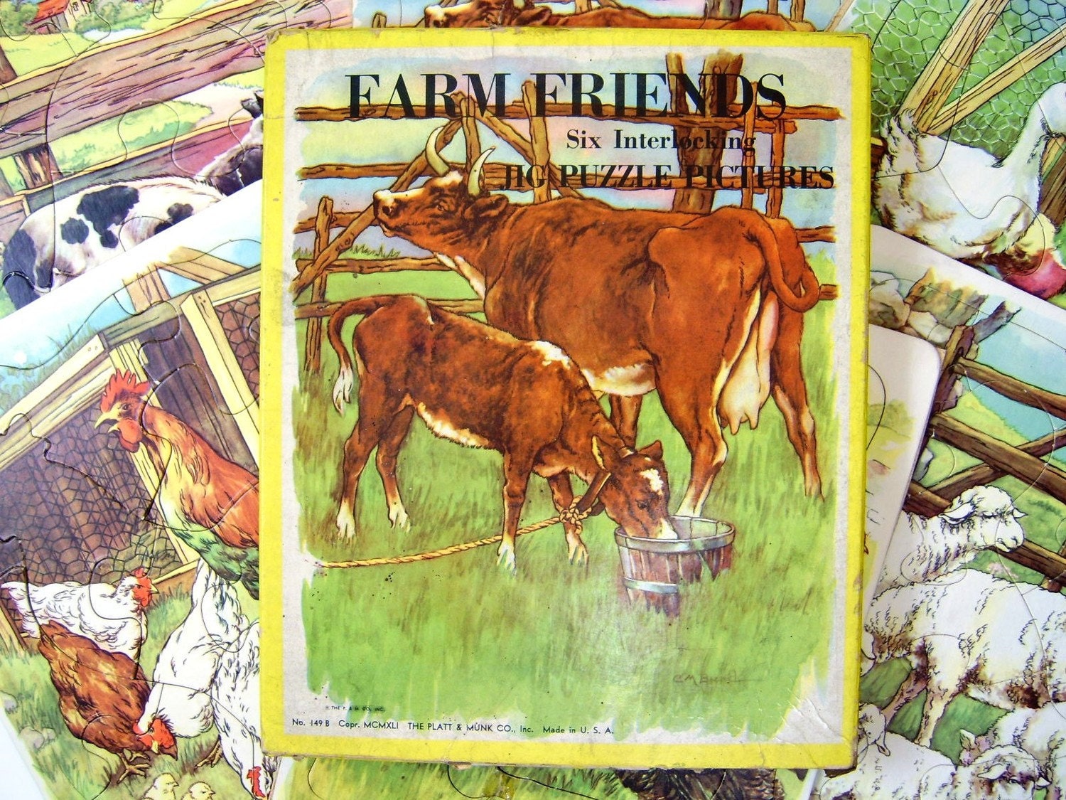 6 Vintage Farm Friends Pets Puzzles Set In Box