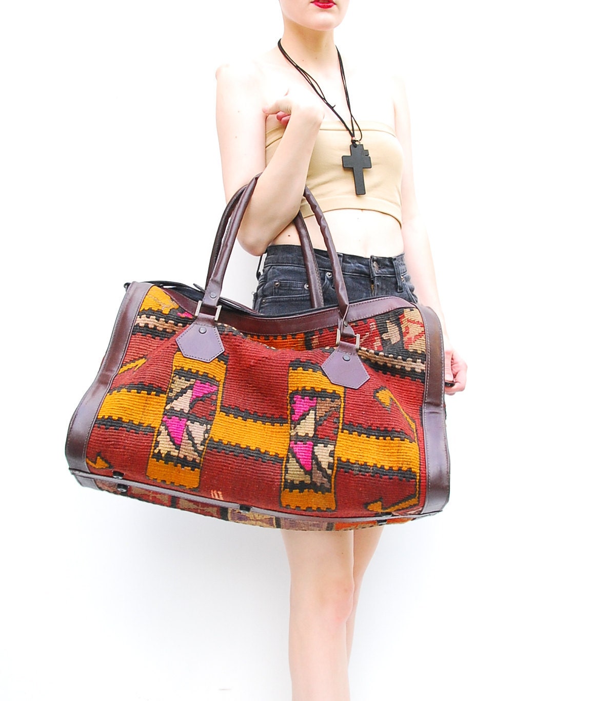RESERVED Vintage Turkish Kilim Weekender Bag - Navajo Weekender - Oversized Leather Bag - Woven Southwestern Tapestry Bag