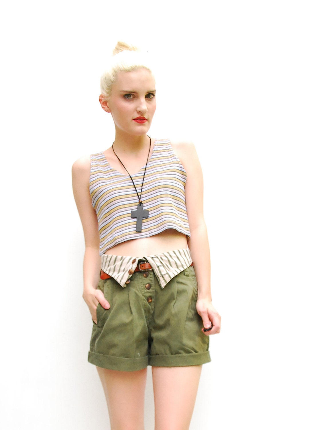 80s Army Green Shorts - Safari High Waisted Shorts - Fold Over Waist - Boho Pleated Shorts - Summer Fashion - S 2 4 6 // 27