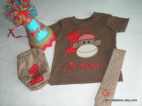 Sock Monkey Birthday Party Supplies on Sock Monkey Birthday Set Birthday Tshirt  Birthday Hat  Diaper Cover