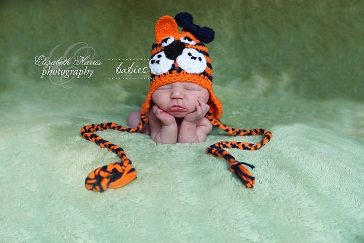 Tiger Hat NEWBORN Girl Crochet Beanie with Earflaps in Auburn Orange and Navy  with Crochet Bow Clip
