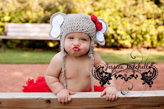 Crochet Elephant Hat with Earflaps and Alabama Red Crochet Bow - Newborn, Baby, Toddler Sizes - Great Photo Prop