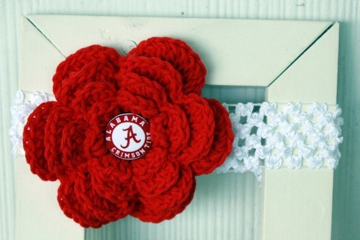 Roll Tide Alabama Football Headband Set - Red Crochet Flower with White Crochet Headband