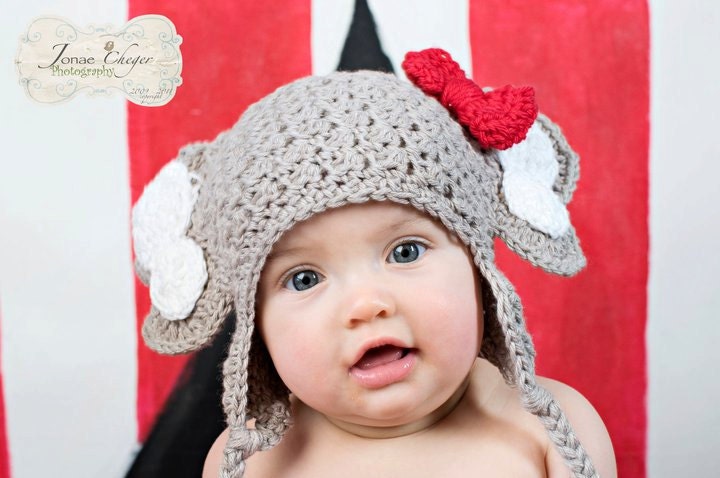 Crochet Elephant Hat with Earflaps and Alabama Red Crochet Bow - Newborn, Baby, Toddler Sizes - Great Photo Prop