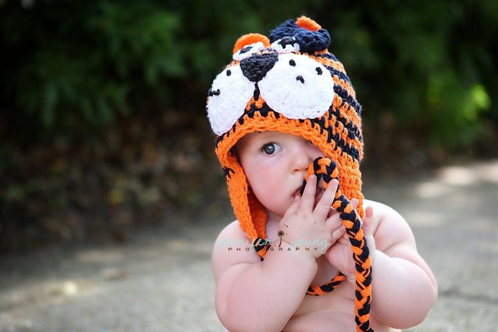Tiger Hat NEWBORN Girl Crochet Beanie with Earflaps in Auburn Orange and Navy  with Crochet Bow Clip