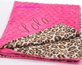 Personalized Baby Blanket - Leopard Satin and Hot Pink Minky