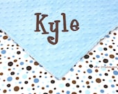 Personalized Baby Blanket - Light Blue with Blue and Brown Polka Dot Minky - Baby Boy Blanket