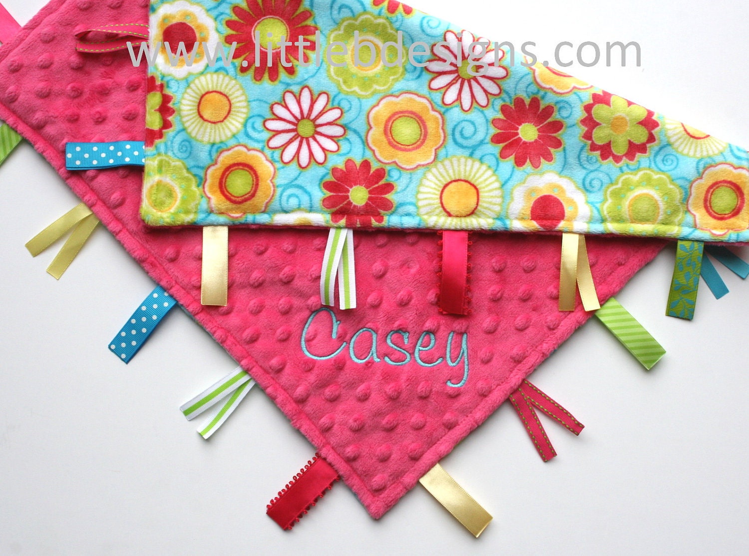 Personalized Ribbon Lovey Baby Tag Blanket - Hot Pink Minky with Teal with Pink and Lime Flowers