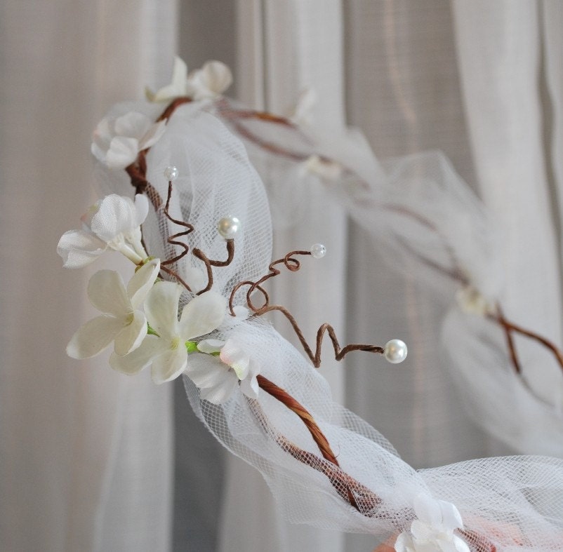 Bridal circlet, white flower and tulle hair wreath, boho wedding head piece, hair accessories - Persuasion