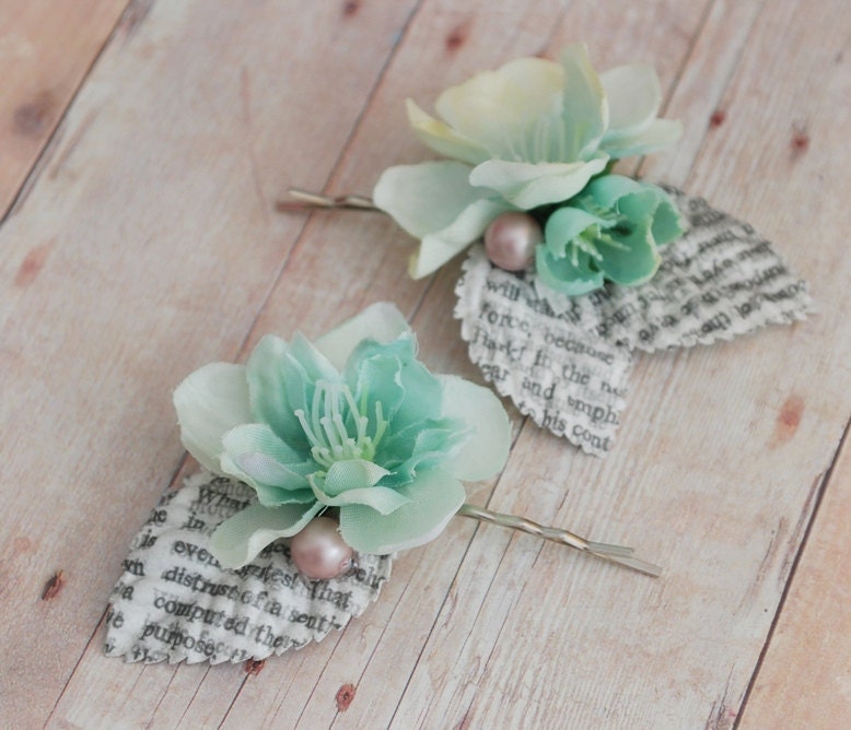 Floral hair clip set, mint flower bobby pins, bridal hair pins, wedding accessory - Poetess