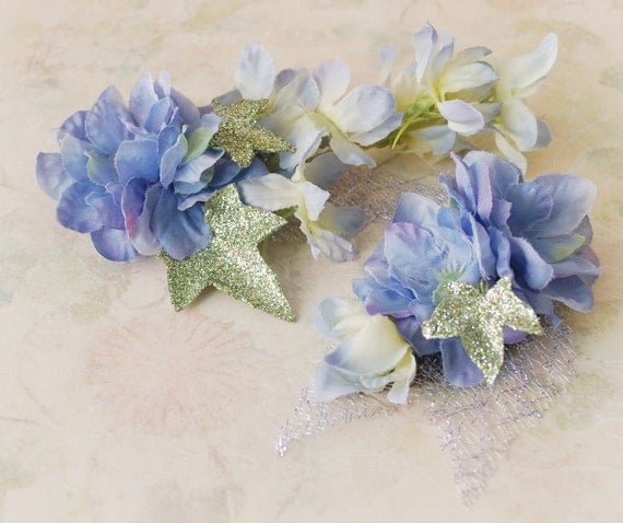 Blue flower clips, periwinkle floral clip set, wedding hair accessory - Fairytale