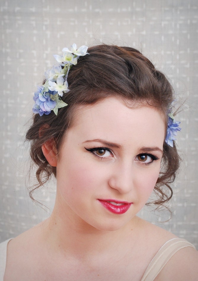 Blue flower clips, periwinkle floral clip set, wedding hair accessory - Fairytale