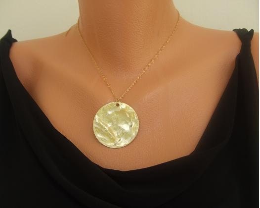 Gold necklace , Gold hammered disc necklace , Round